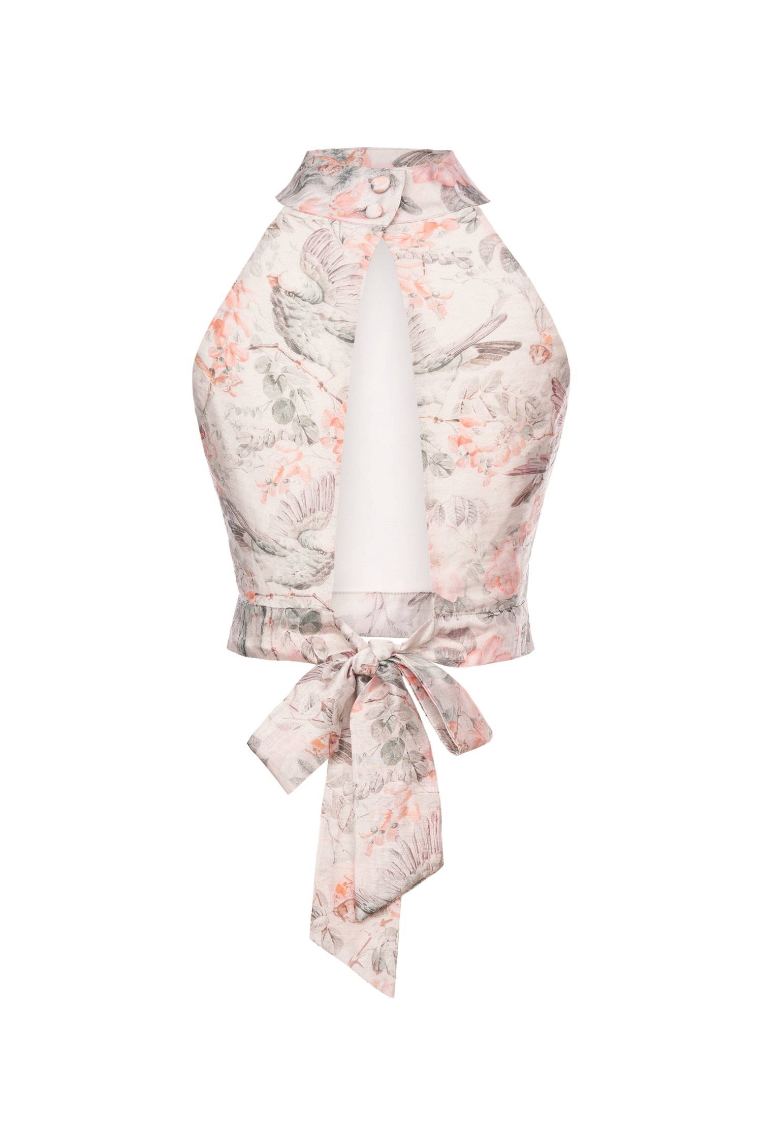 Nadine Padded Halter Open Back Ribbon Top in Greige Songbird Symphony