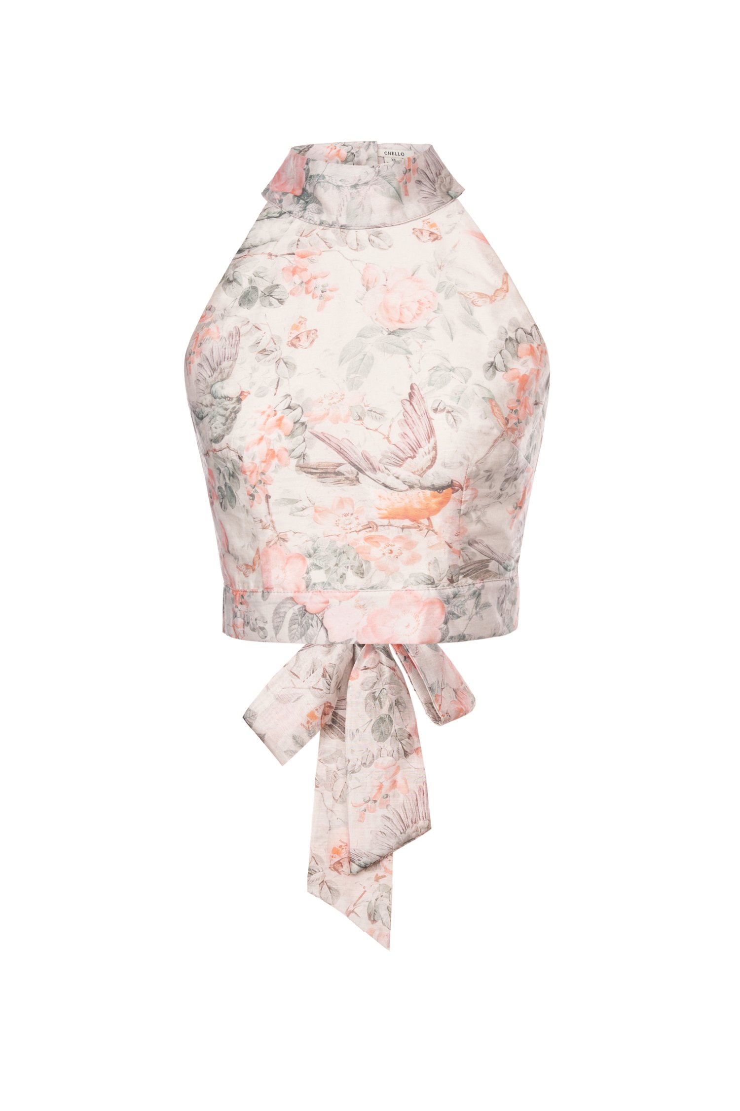 Nadine Padded Halter Open Back Ribbon Top in Greige Songbird Symphony