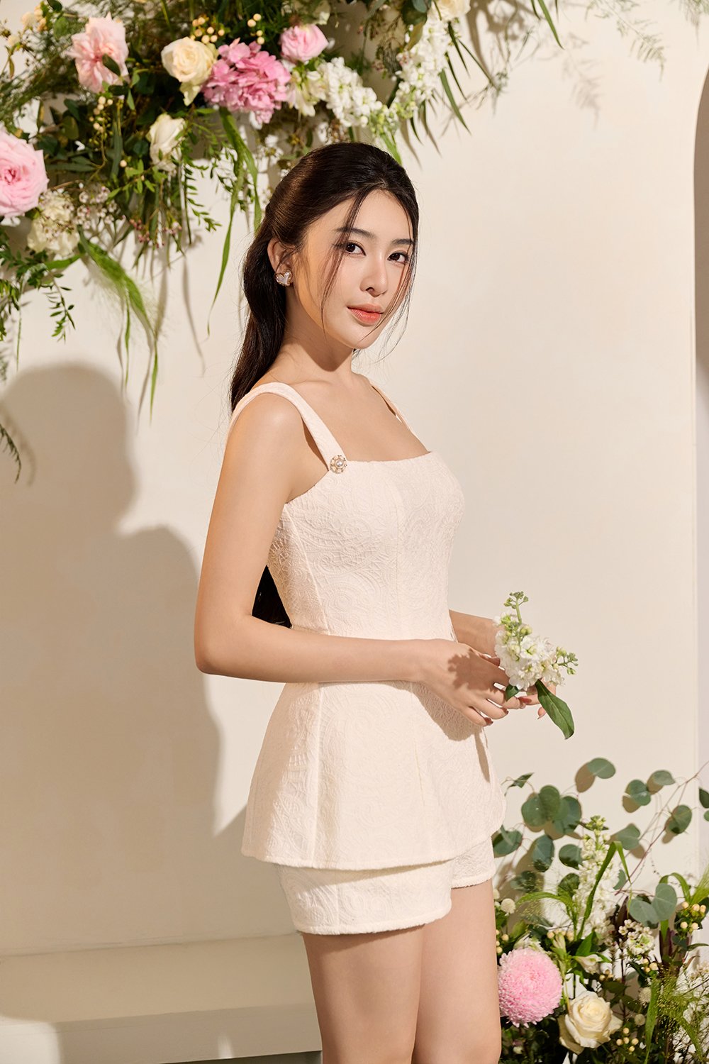 Olivia Peplum Crochet Romper in Chantilly Cream