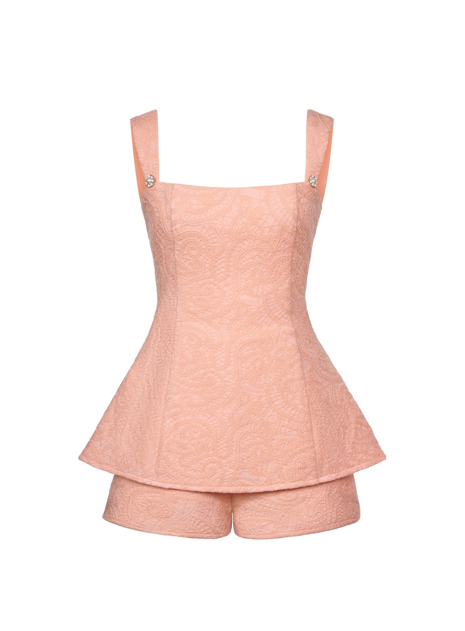 Olivia Peplum Crochet Romper in Coral Blossom