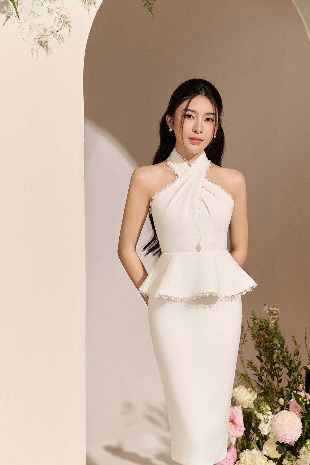 Rayen Cross Pleated Halter Peplum Pencil Dress in Iconic White