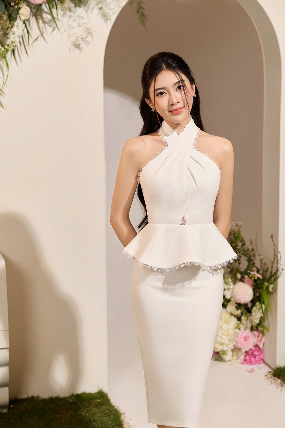Rayen Cross Pleated Halter Peplum Pencil Dress in Iconic White