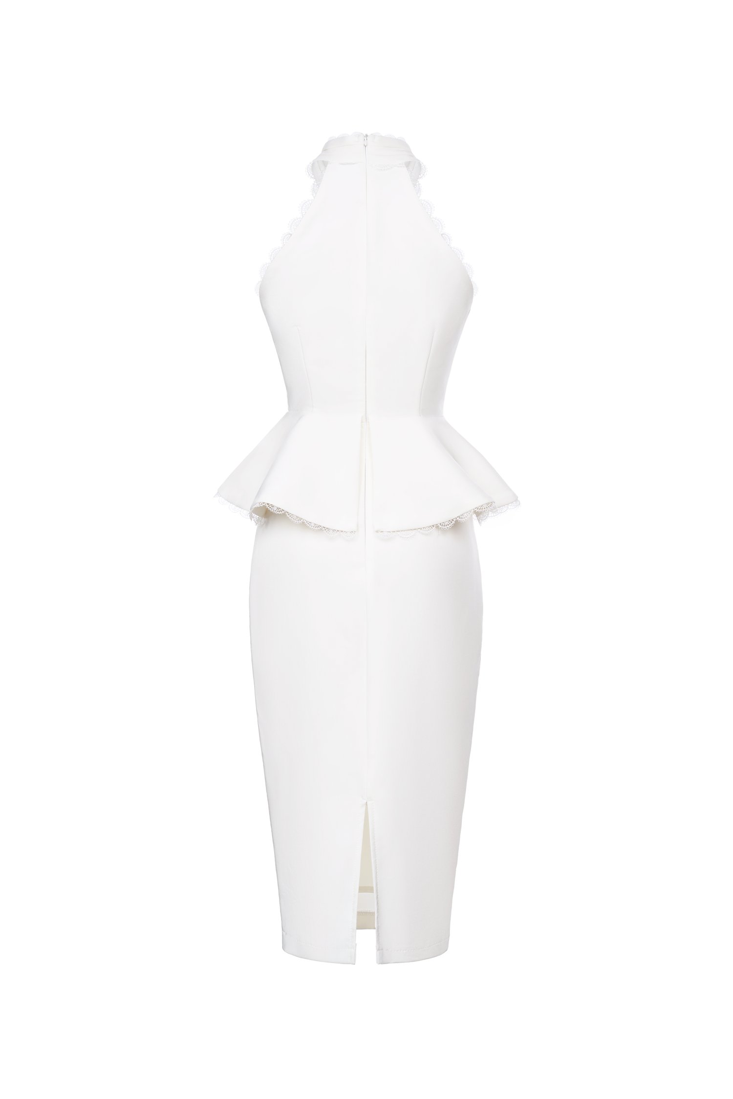 Rayen Cross Pleated Halter Peplum Pencil Dress in Iconic White