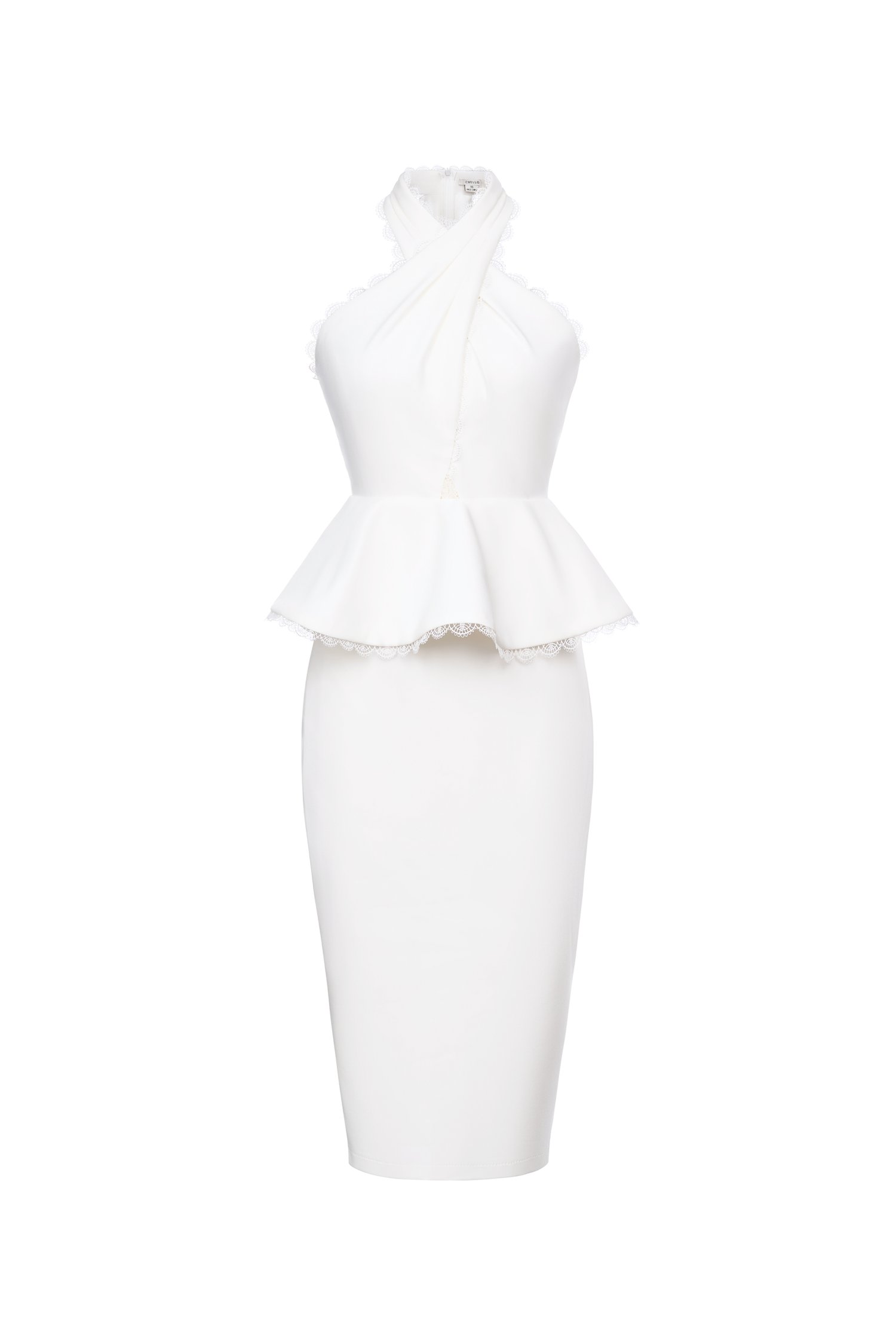 Rayen Cross Pleated Halter Peplum Pencil Dress in Iconic White