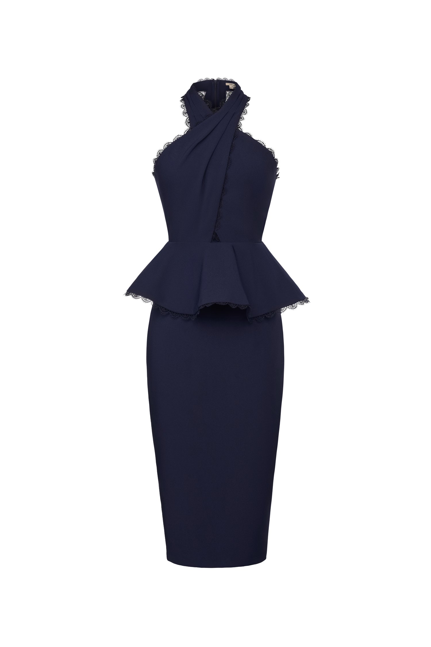 Rayen Cross Pleated Halter Peplum Pencil Dress in Navy Blue