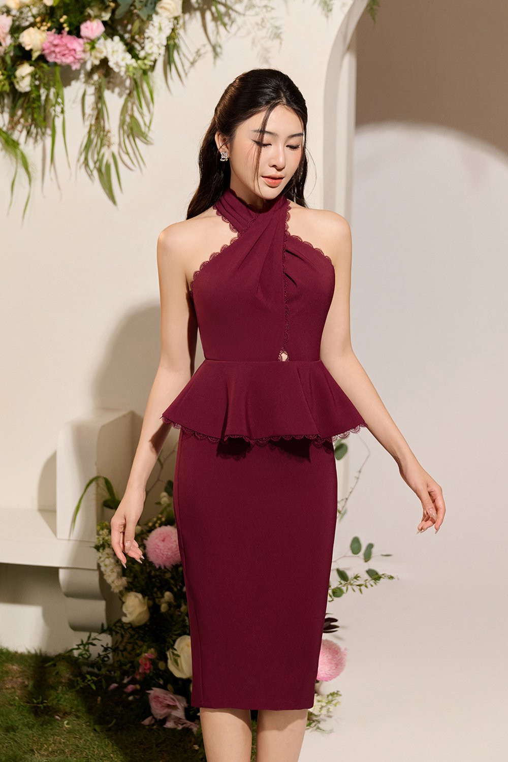 Rayen Cross Pleated Halter Peplum Pencil Dress in Wine Red