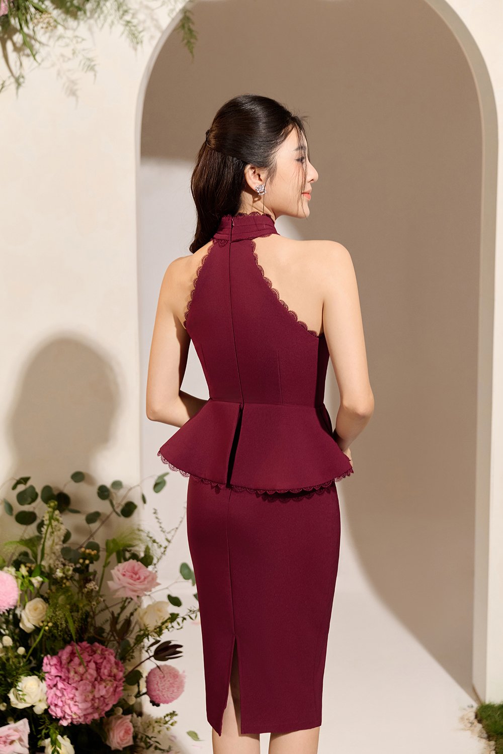 Rayen Cross Pleated Halter Peplum Pencil Dress in Wine Red