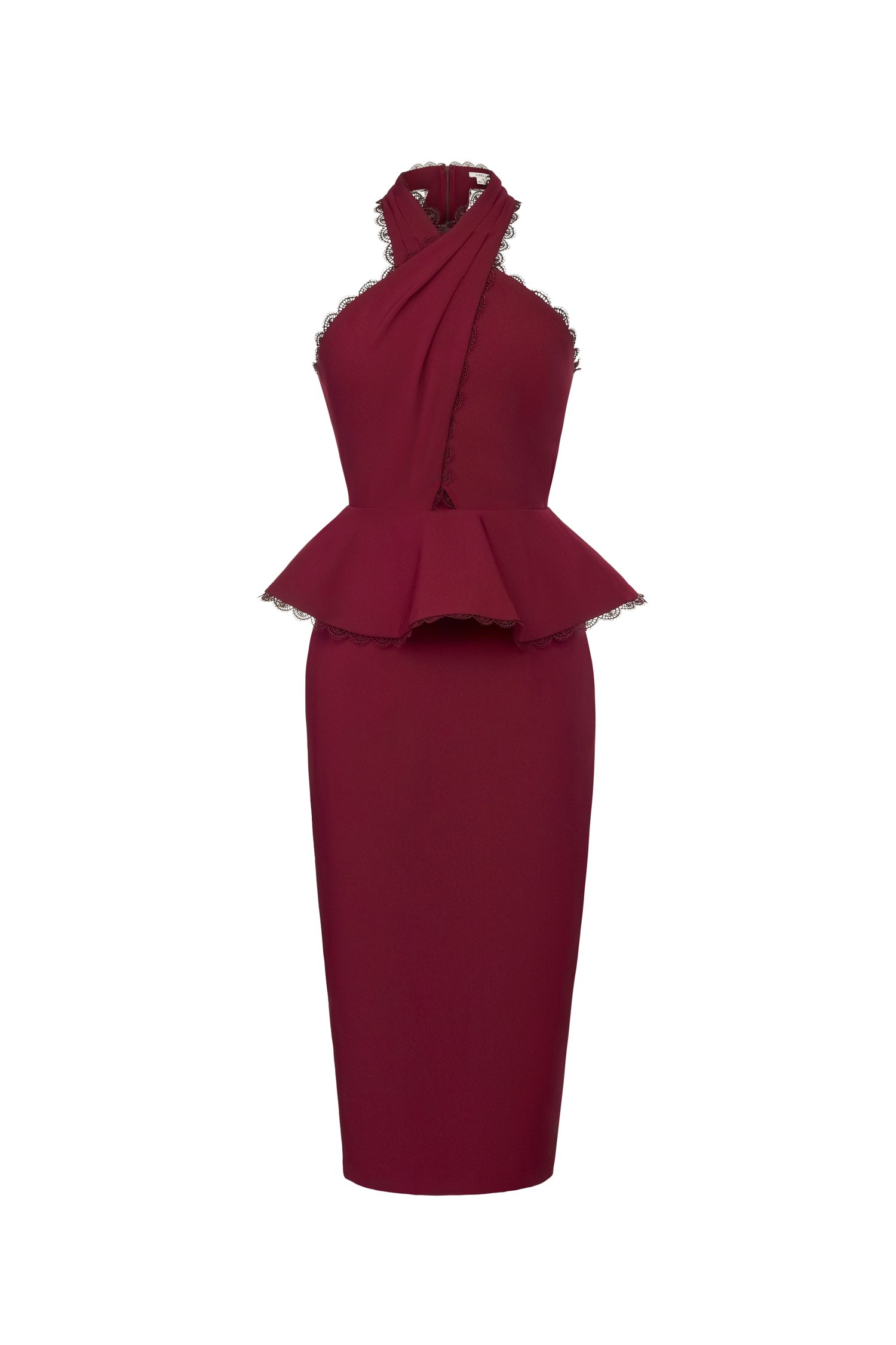 Rayen Cross Pleated Halter Peplum Pencil Dress in Wine Red