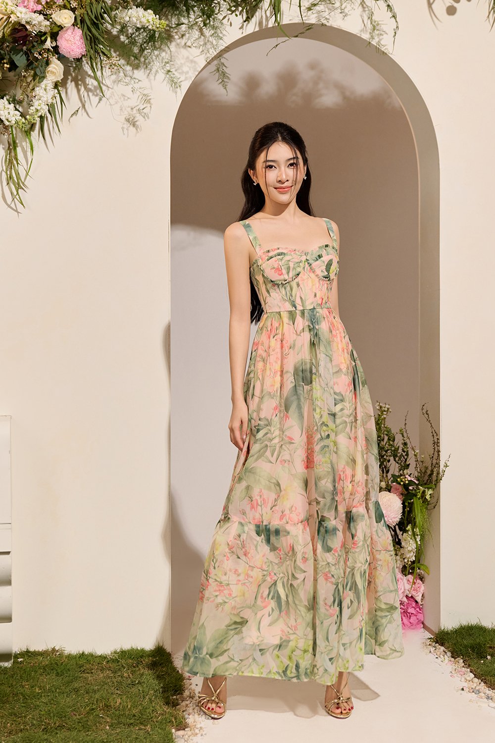 Teodora Corset Printed Maxi Dress in Blushing Botanicals