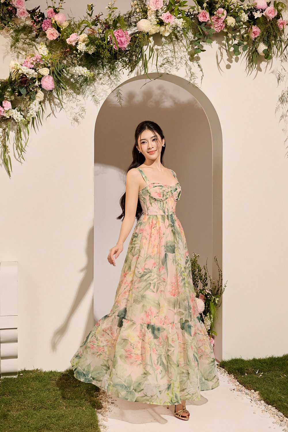 Teodora Corset Printed Maxi Dress in Blushing Botanicals