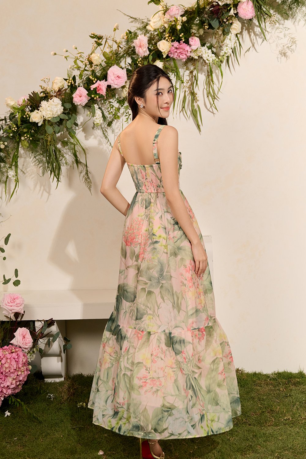 Teodora Corset Printed Maxi Dress in Blushing Botanicals
