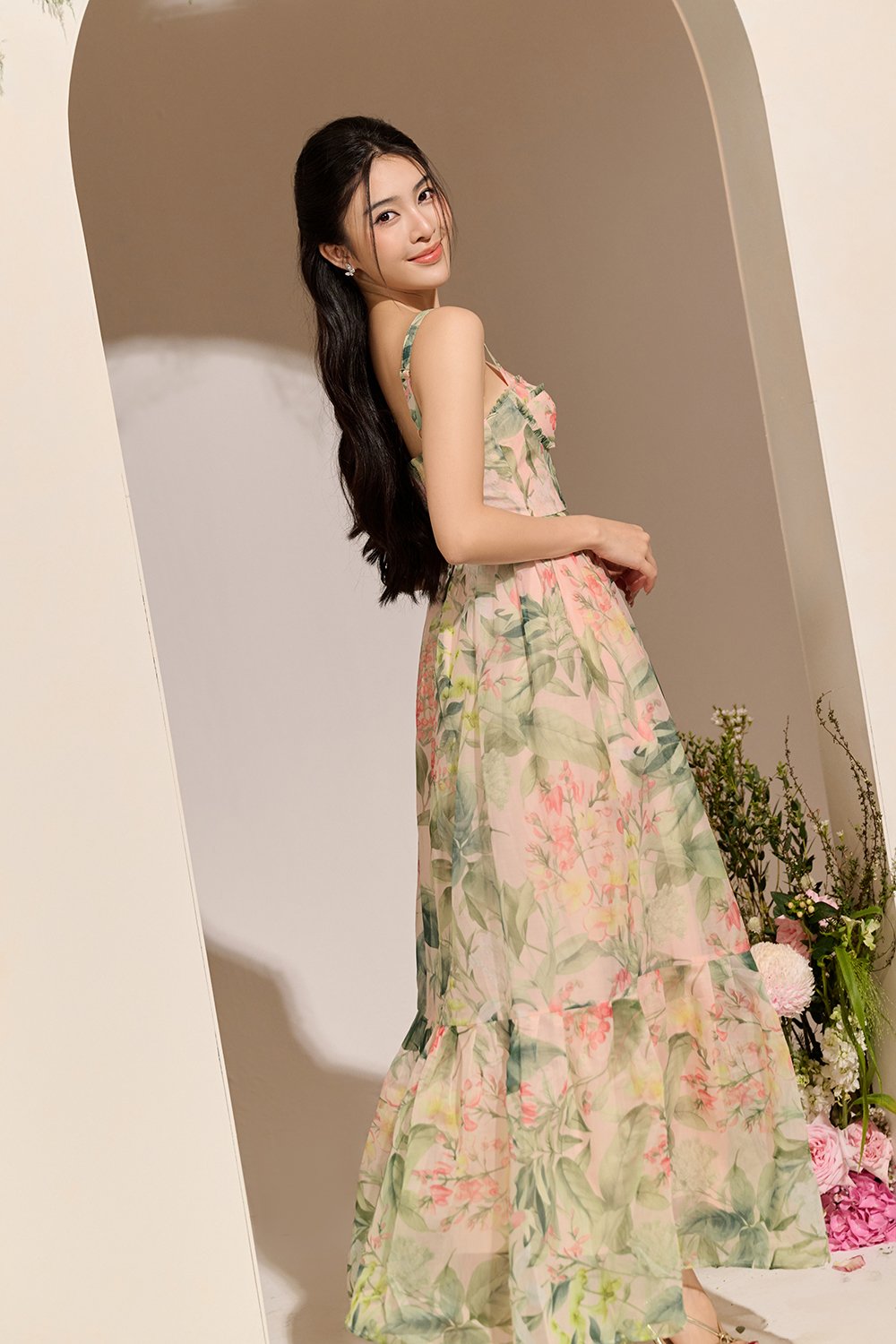 Teodora Corset Printed Maxi Dress in Blushing Botanicals