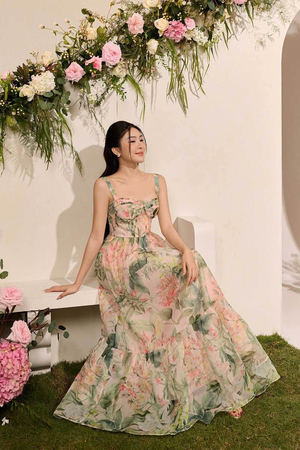 Teodora Corset Printed Maxi Dress in Blushing Botanicals