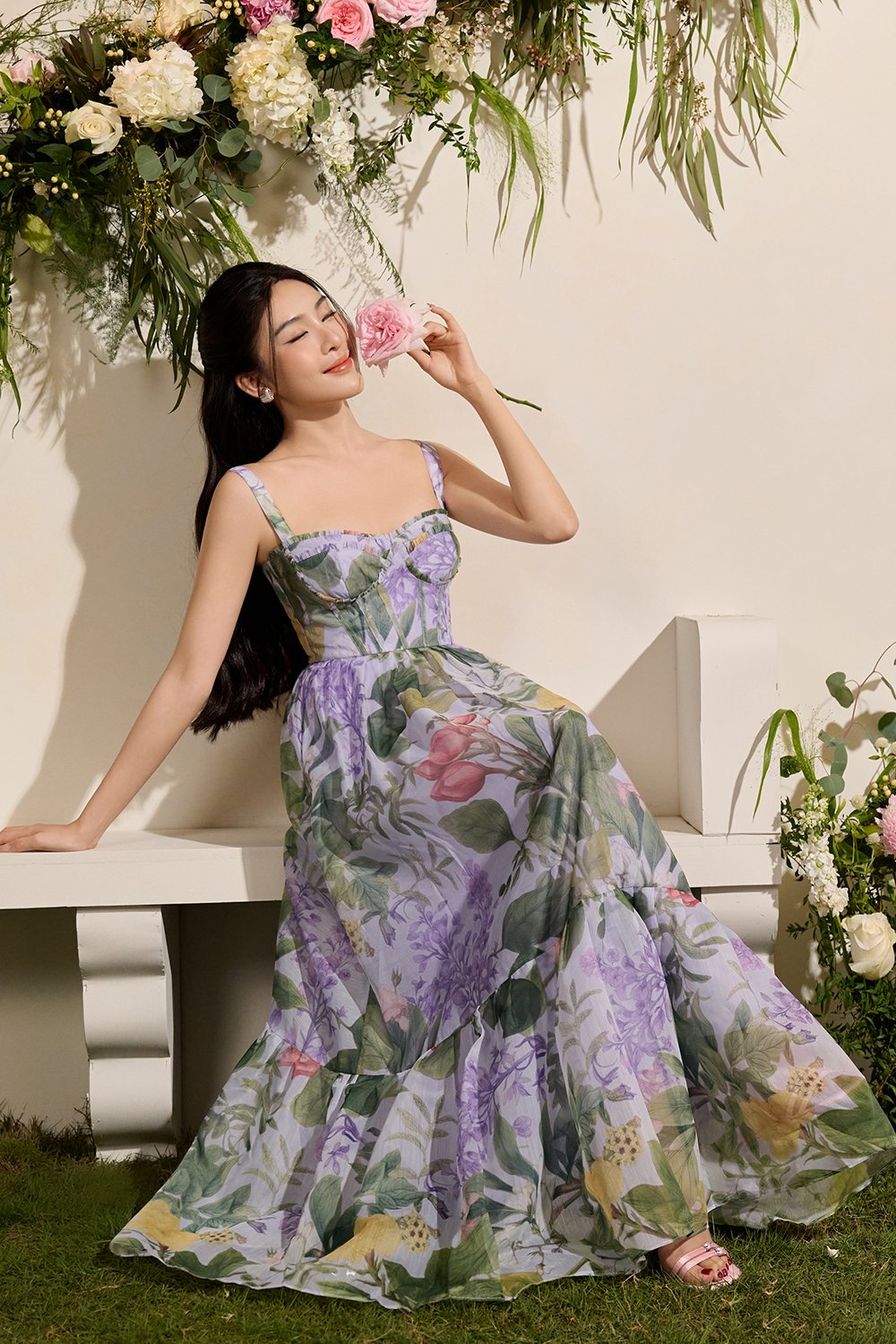 Teodora Corset Printed Maxi Dress in Lilac Petalscape