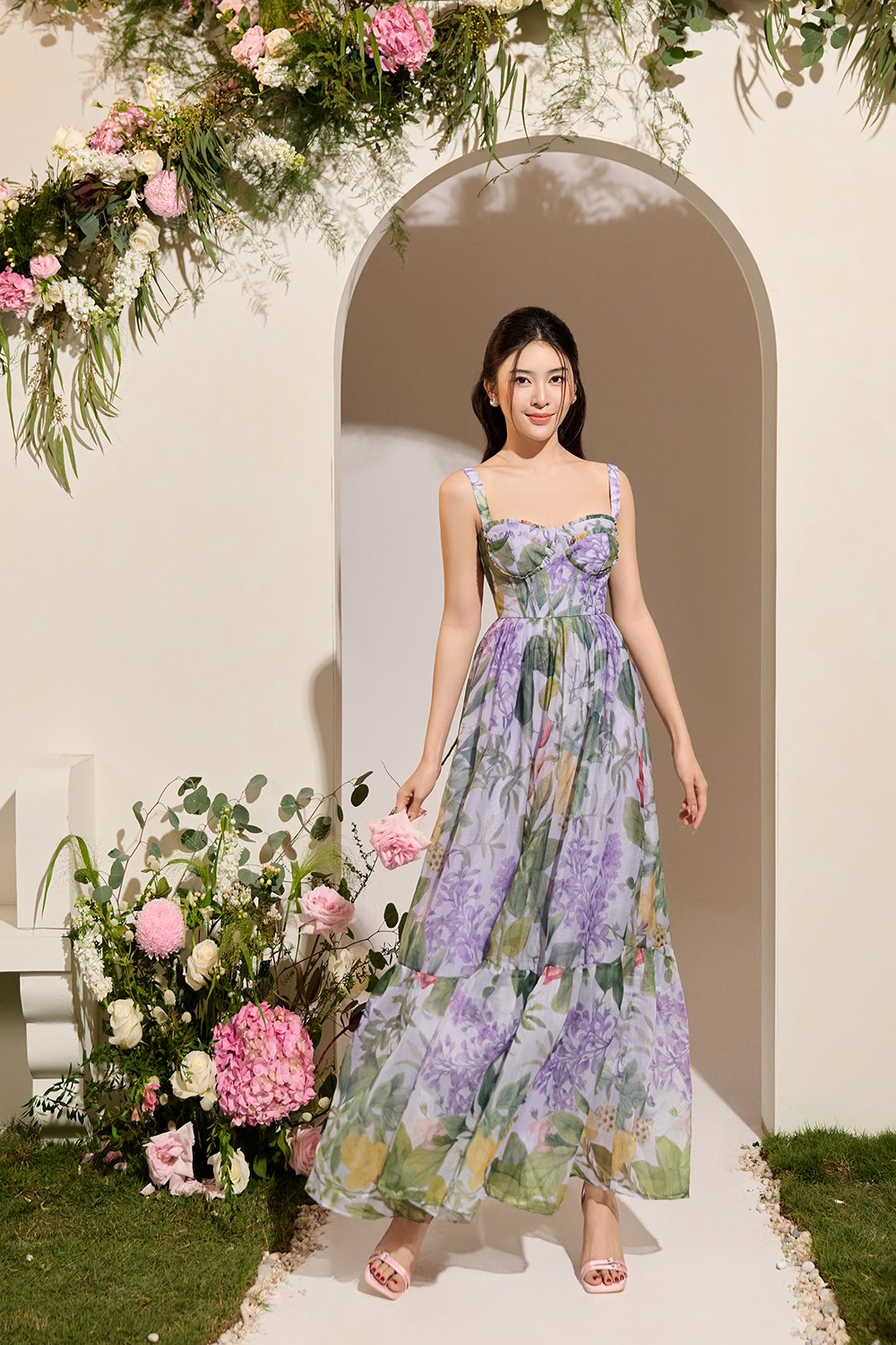 Teodora Corset Printed Maxi Dress in Lilac Petalscape