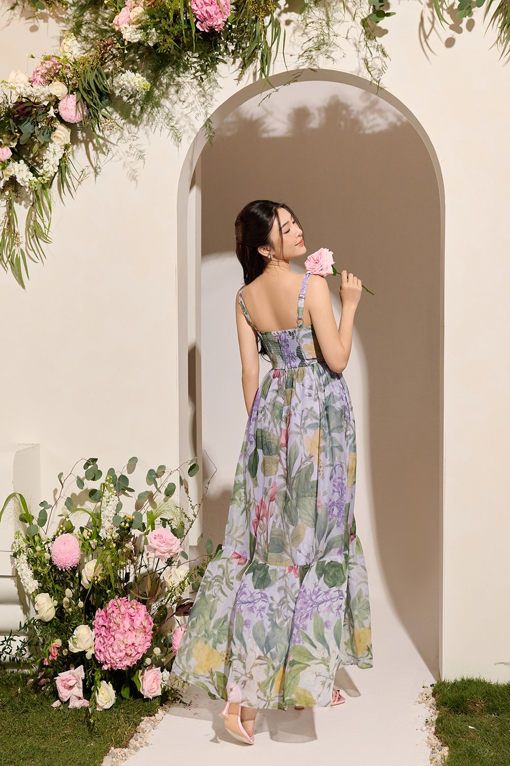 Teodora Corset Printed Maxi Dress in Lilac Petalscape