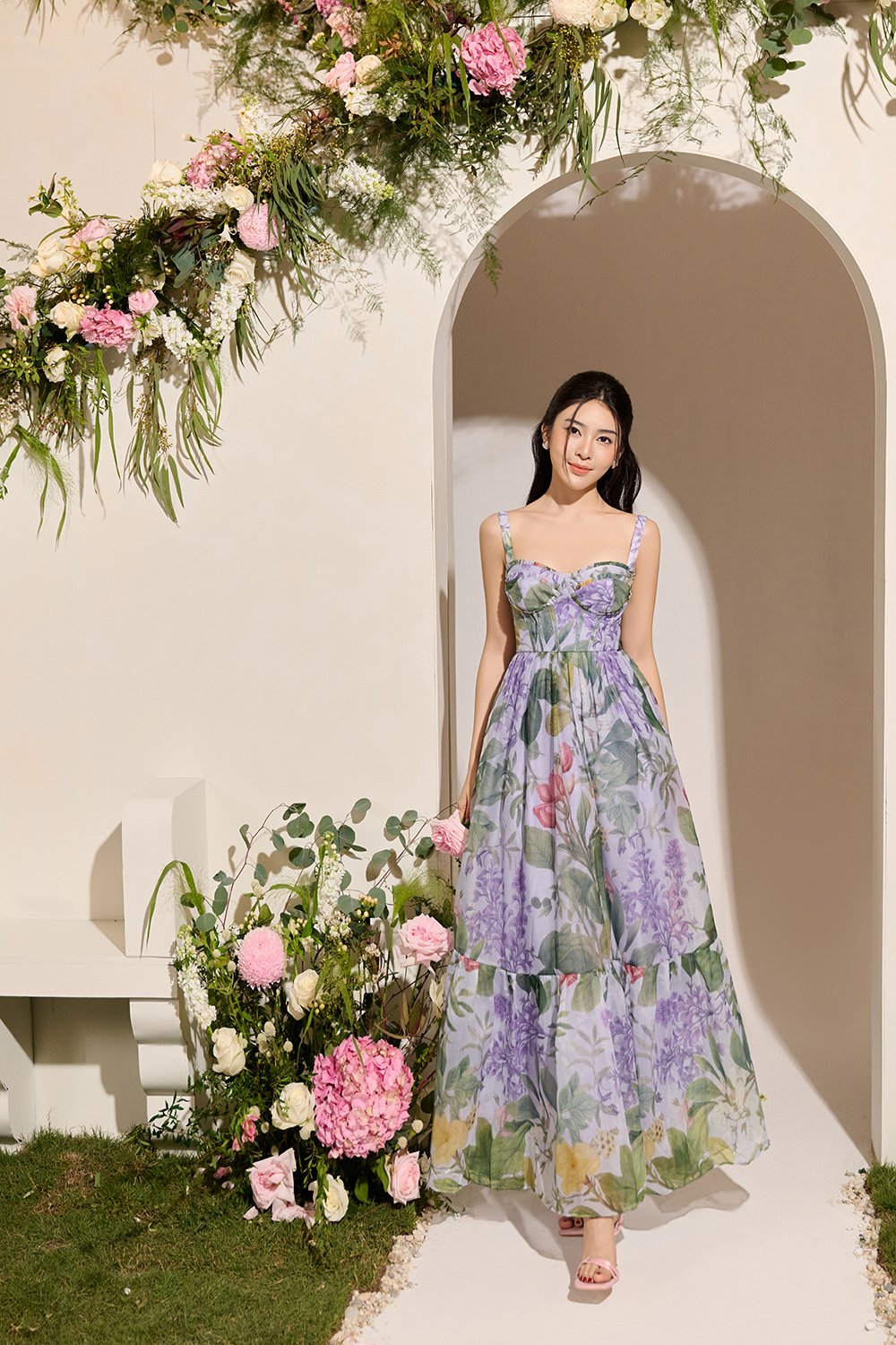 Teodora Corset Printed Maxi Dress in Lilac Petalscape
