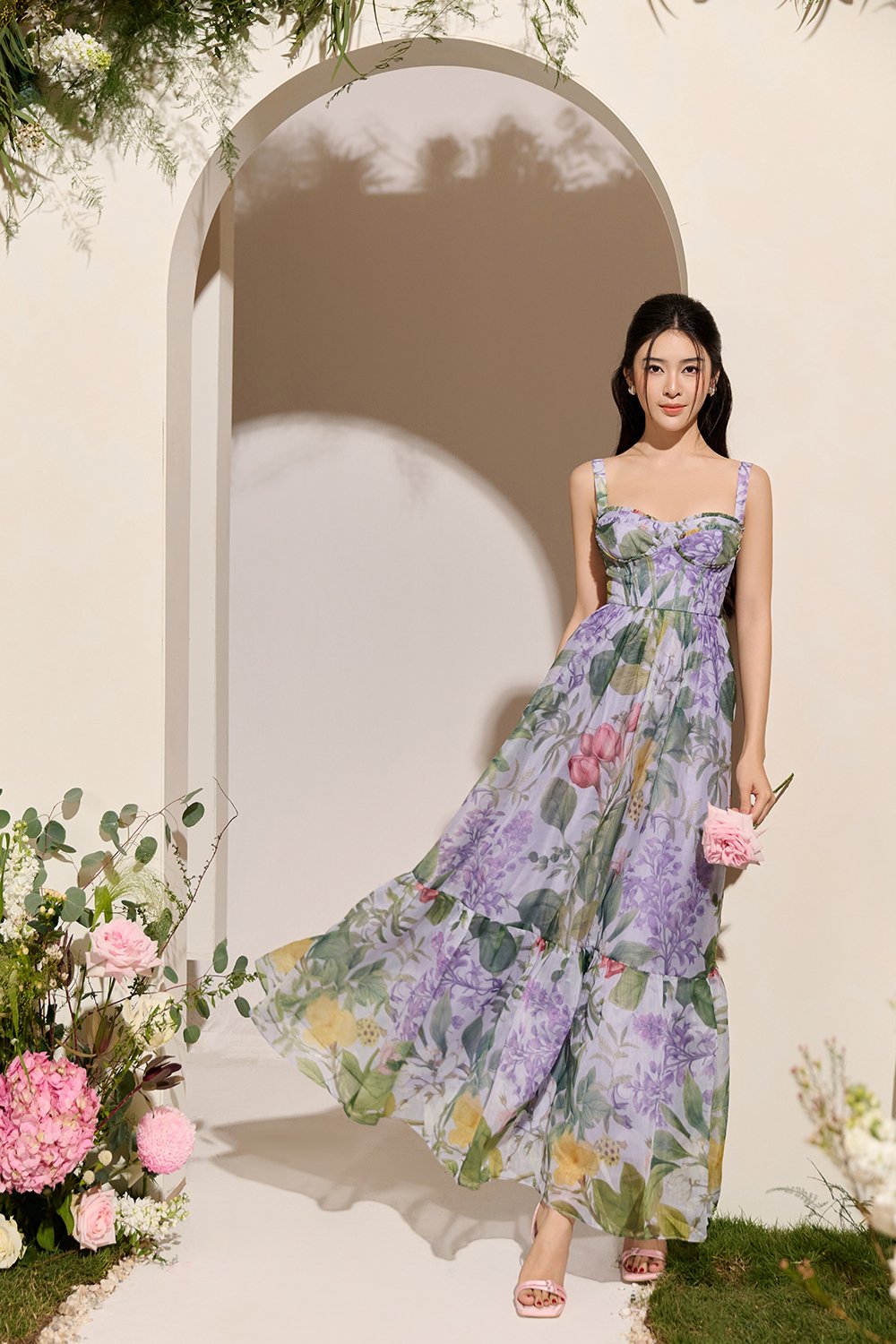 Teodora Corset Printed Maxi Dress in Lilac Petalscape