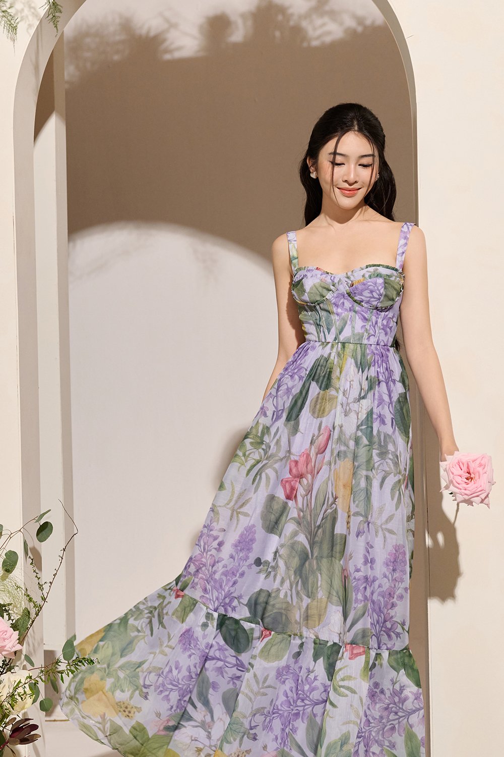 Teodora Corset Printed Maxi Dress in Lilac Petalscape