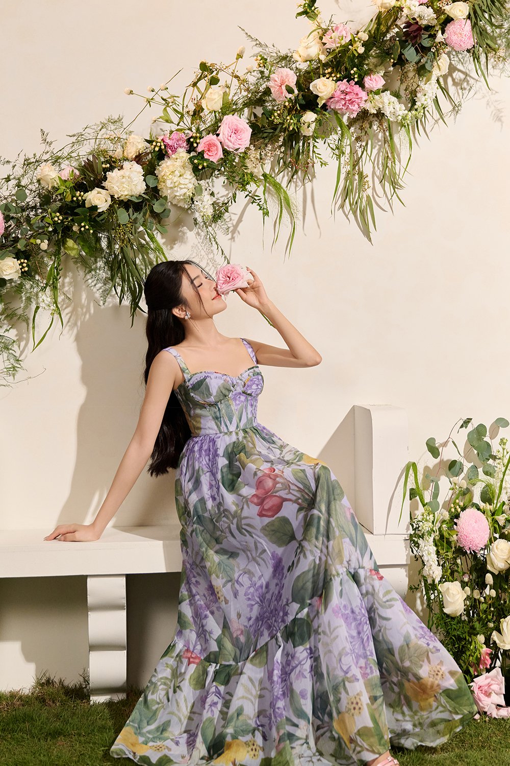 Teodora Corset Printed Maxi Dress in Lilac Petalscape