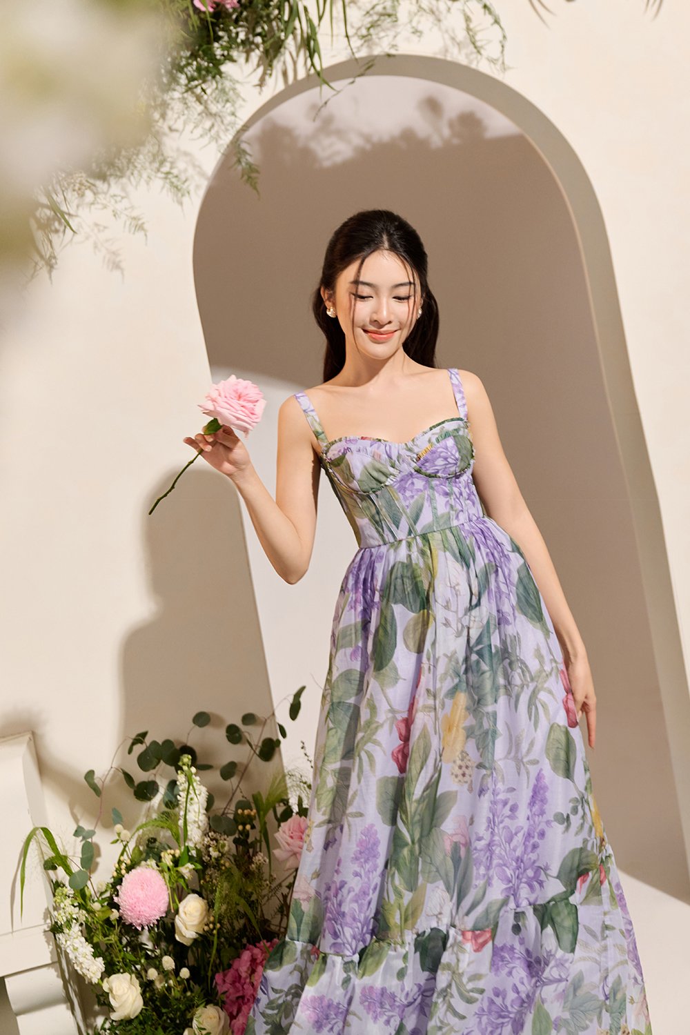 Teodora Corset Printed Maxi Dress in Lilac Petalscape