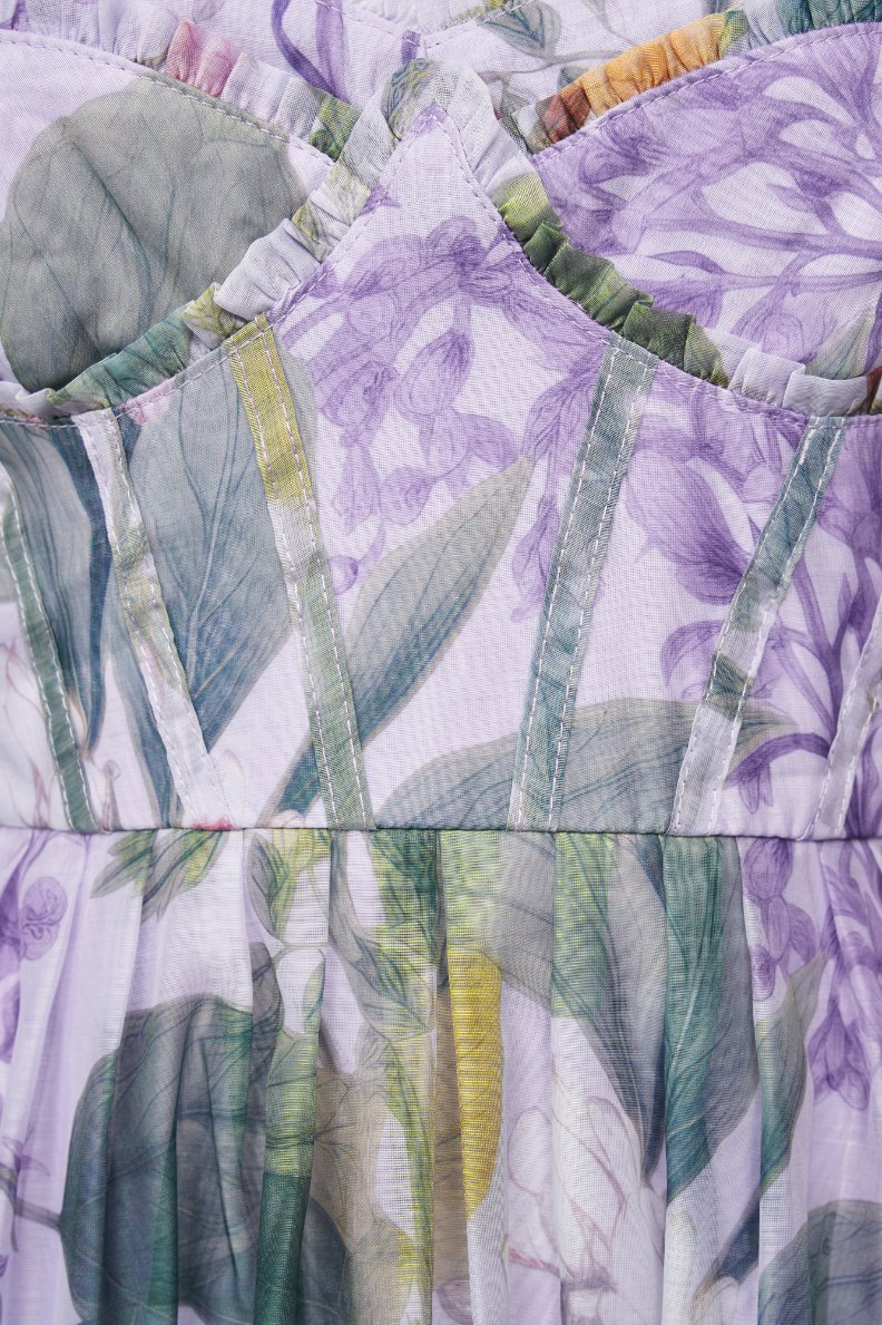 Teodora Corset Printed Maxi Dress in Lilac Petalscape