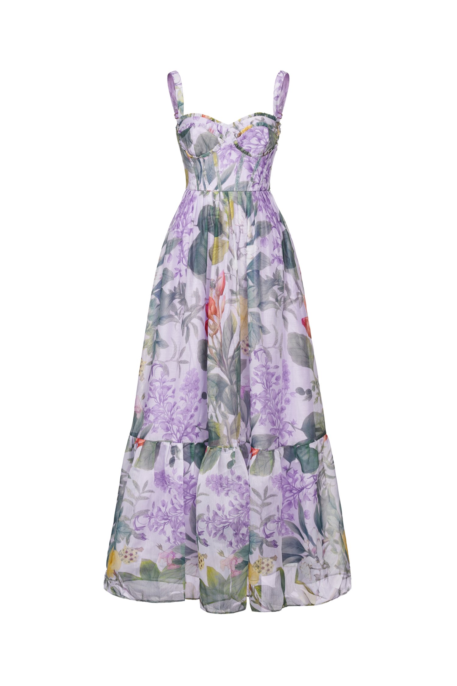 Teodora Corset Printed Maxi Dress in Lilac Petalscape