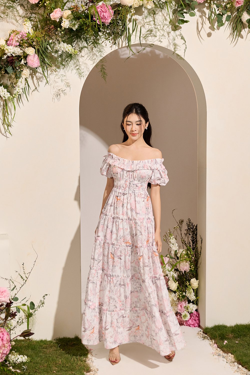 Violette Off Shoulder Maxi Dress in White Songbird Symphony