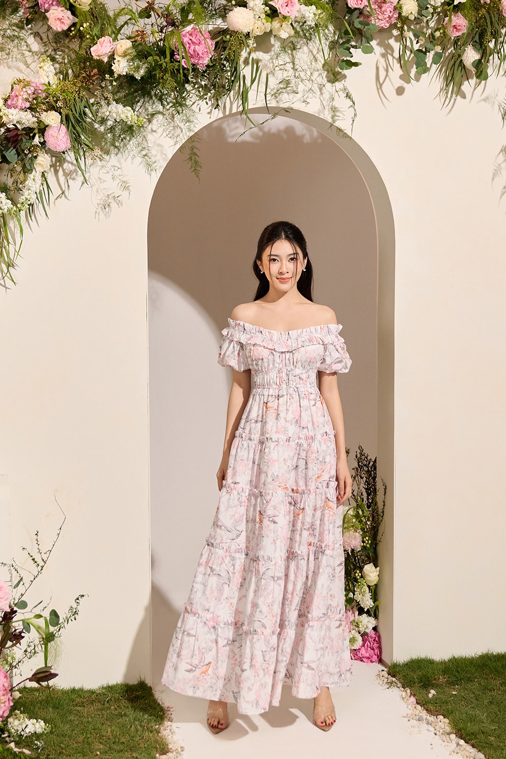 Violette Off Shoulder Maxi Dress in White Songbird Symphony