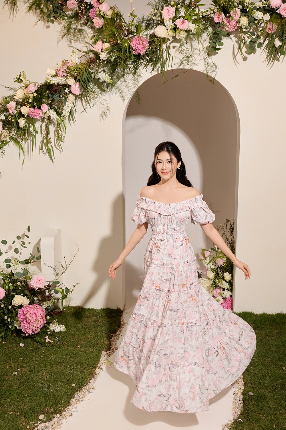 Violette Off Shoulder Maxi Dress in White Songbird Symphony