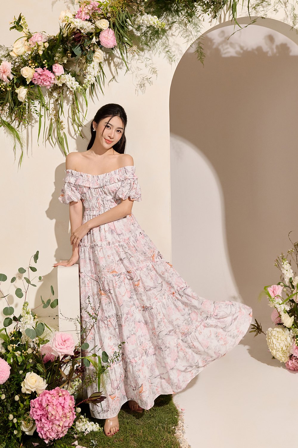 Violette Off Shoulder Maxi Dress in White Songbird Symphony