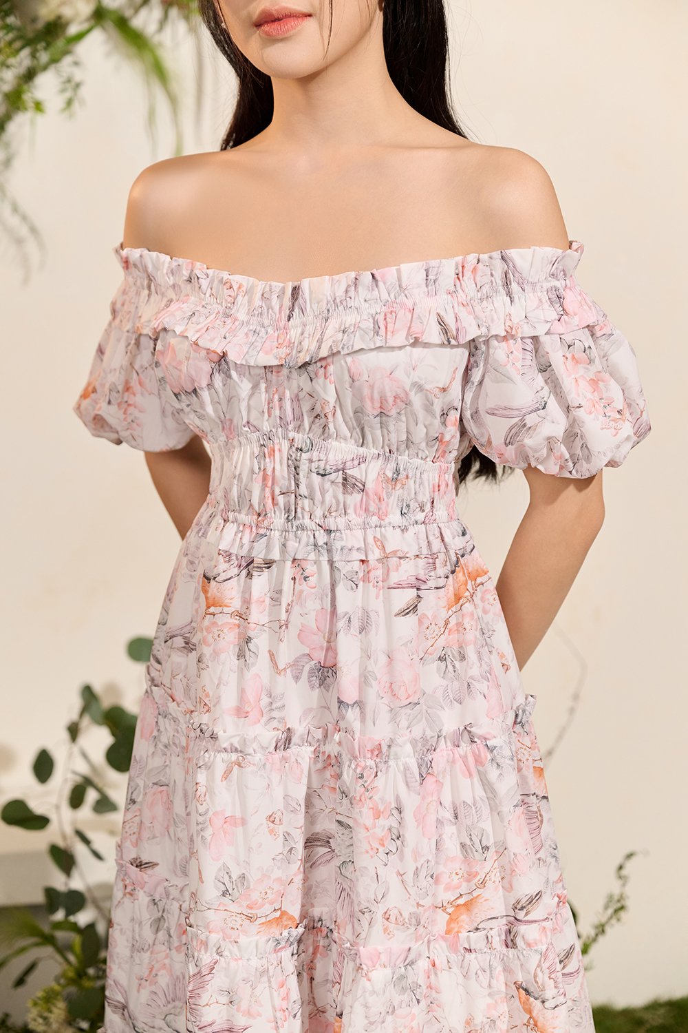 Violette Off Shoulder Maxi Dress in White Songbird Symphony