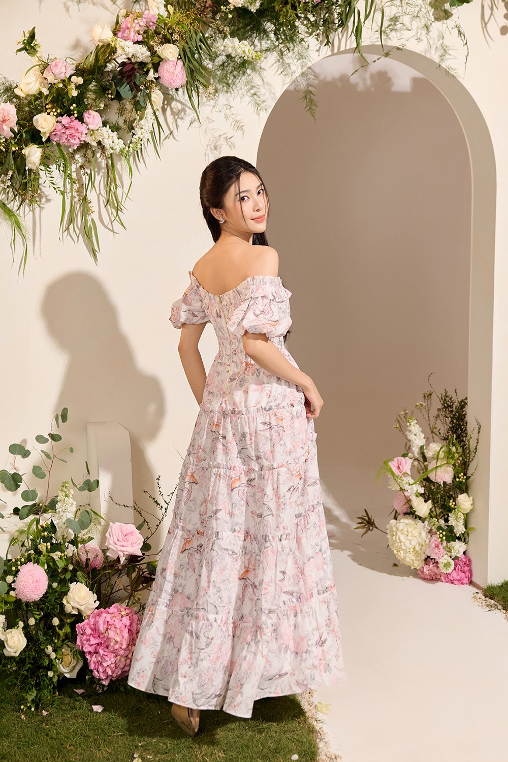 Violette Off Shoulder Maxi Dress in White Songbird Symphony