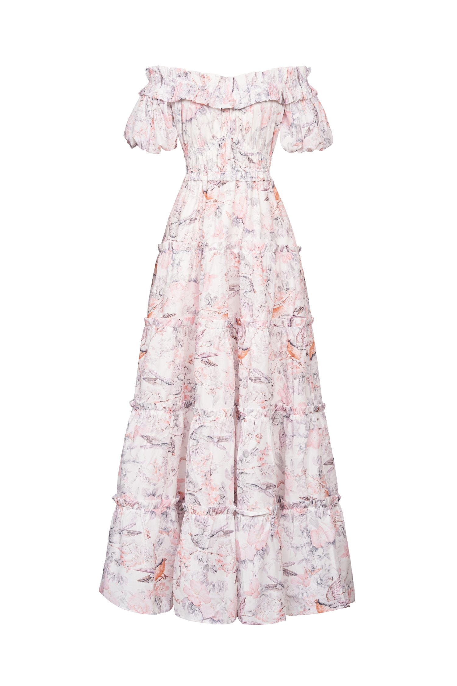 Violette Off Shoulder Maxi Dress in White Songbird Symphony