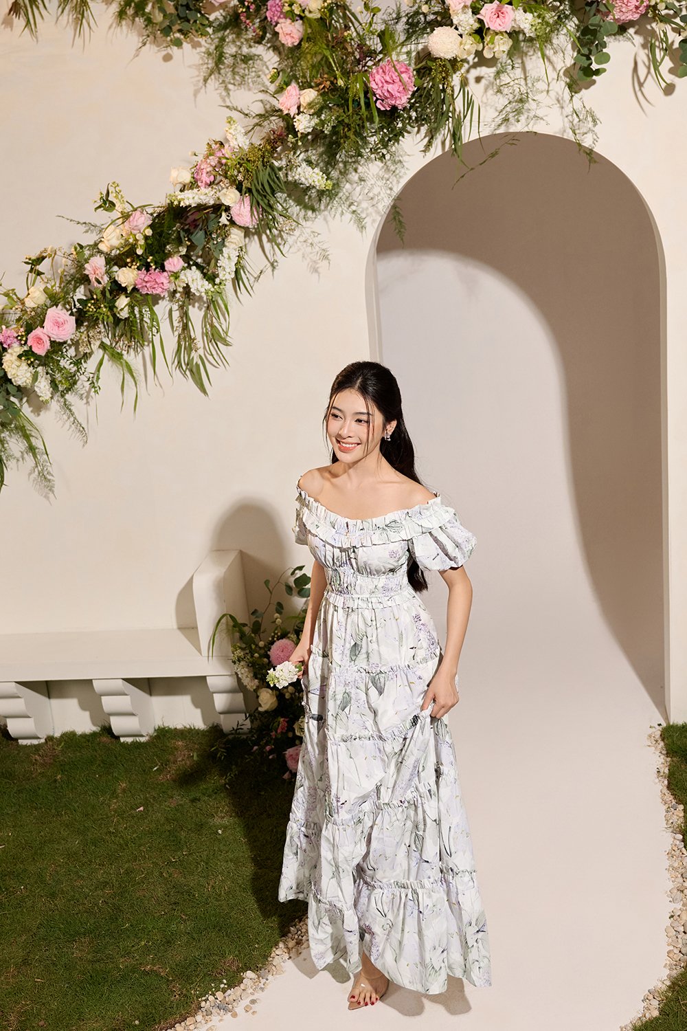 Violette Off Shoulder Maxi Dress in White Whispering Lilac Grove