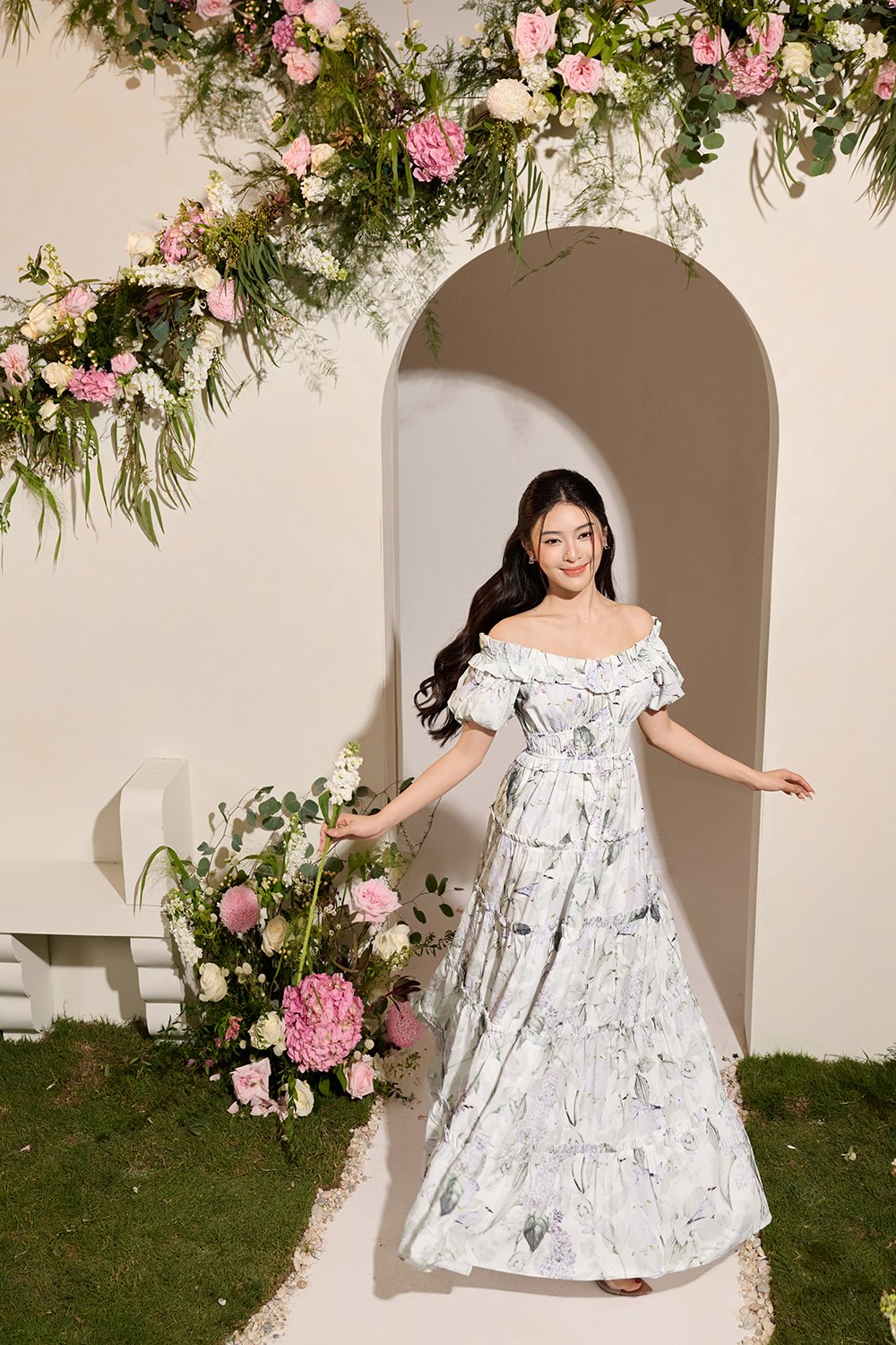 Violette Off Shoulder Maxi Dress in White Whispering Lilac Grove