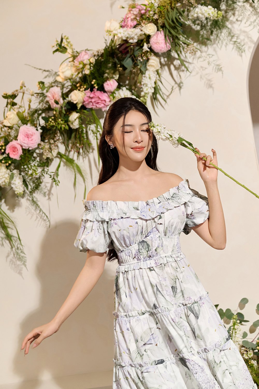 Violette Off Shoulder Maxi Dress in White Whispering Lilac Grove