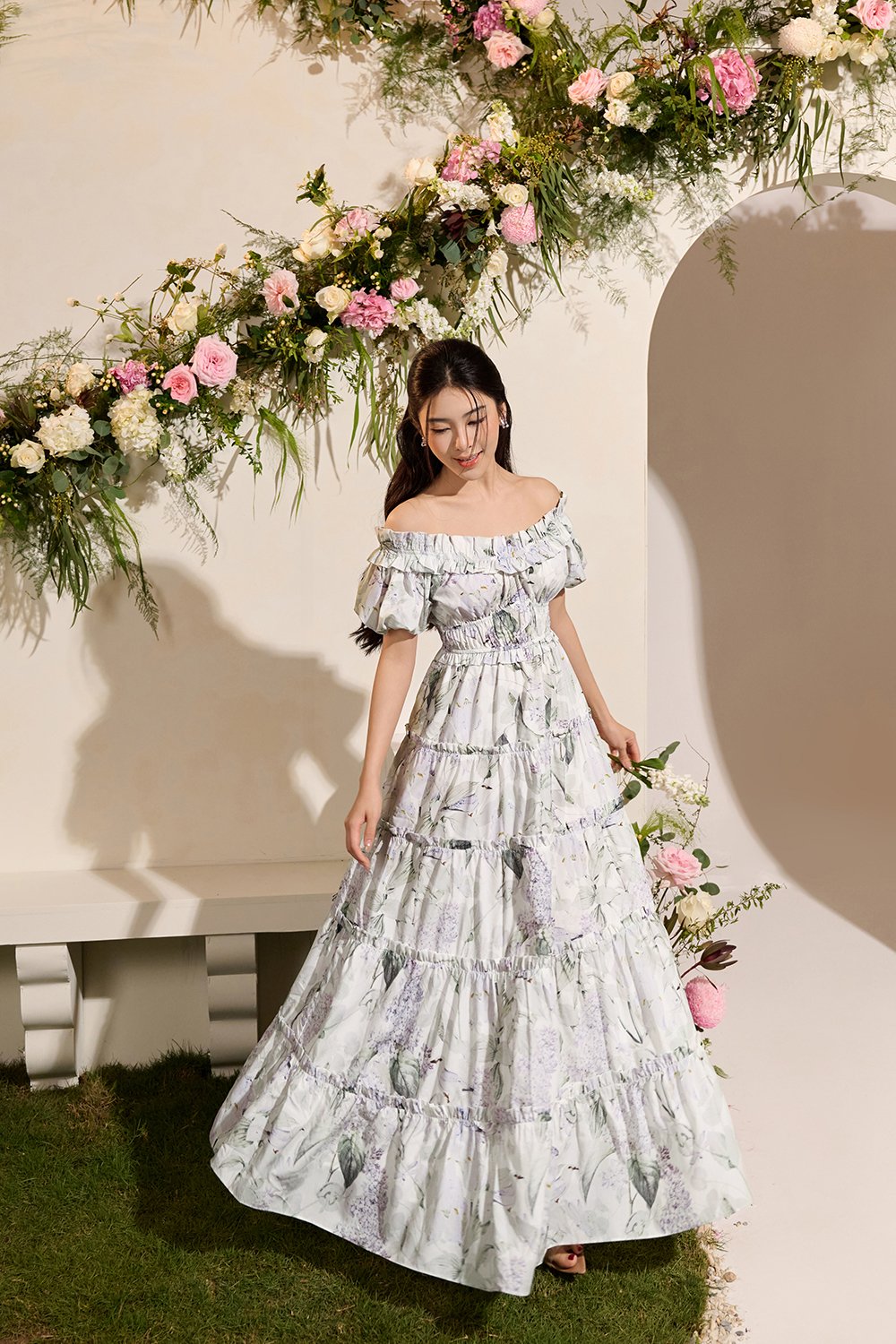 Violette Off Shoulder Maxi Dress in White Whispering Lilac Grove