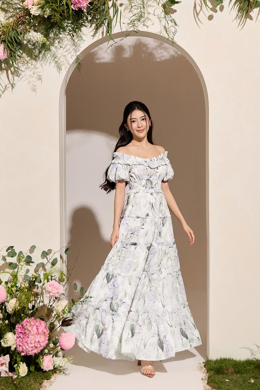 Violette Off Shoulder Maxi Dress in White Whispering Lilac Grove