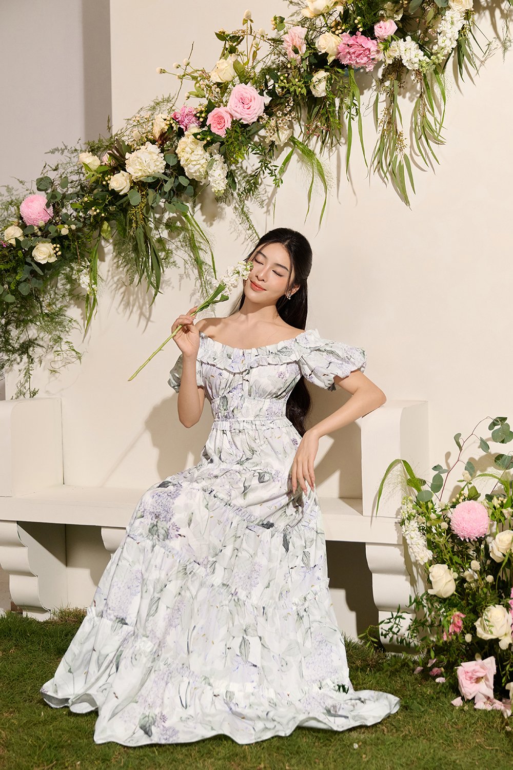 Violette Off Shoulder Maxi Dress in White Whispering Lilac Grove