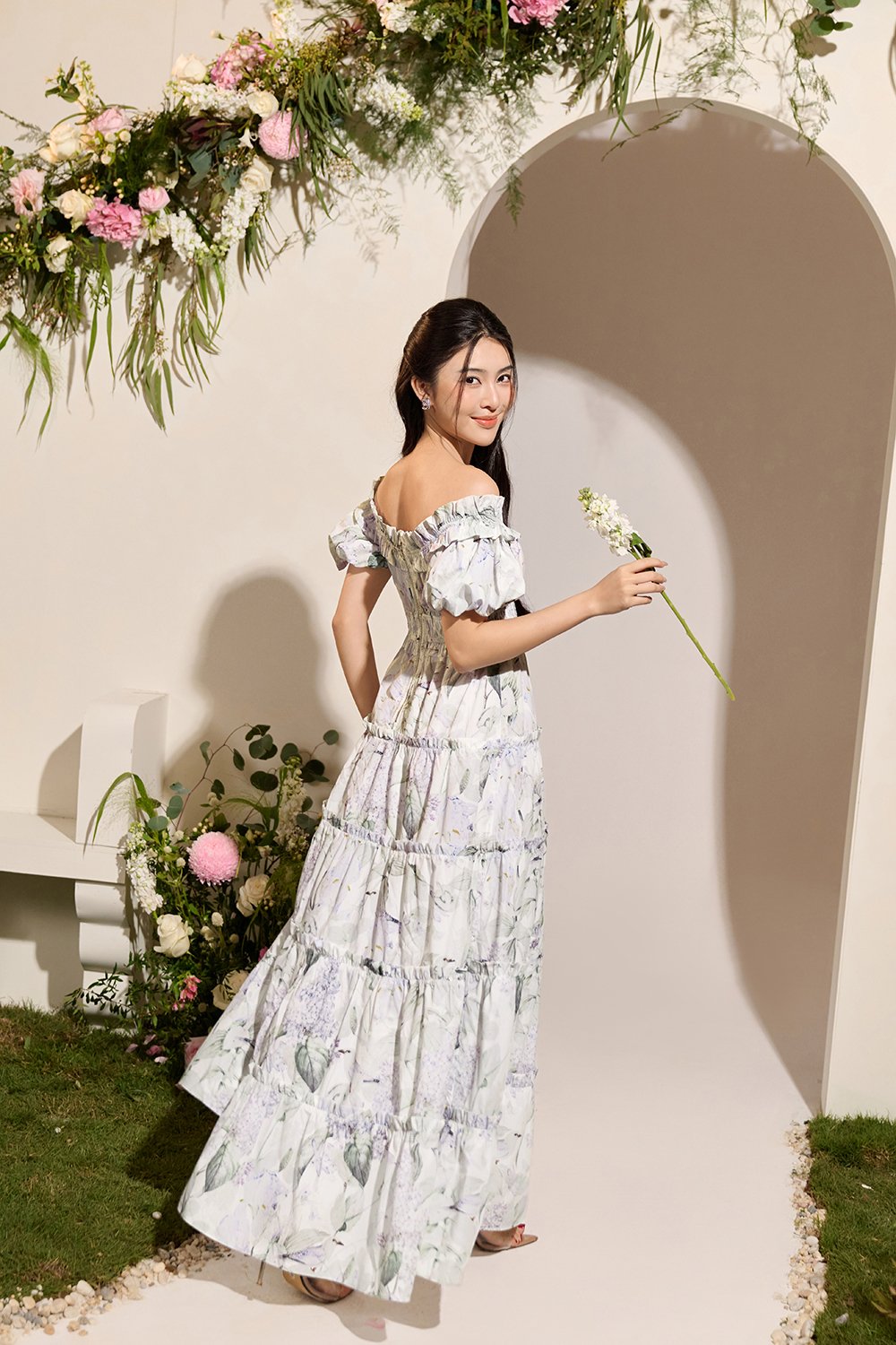 Violette Off Shoulder Maxi Dress in White Whispering Lilac Grove