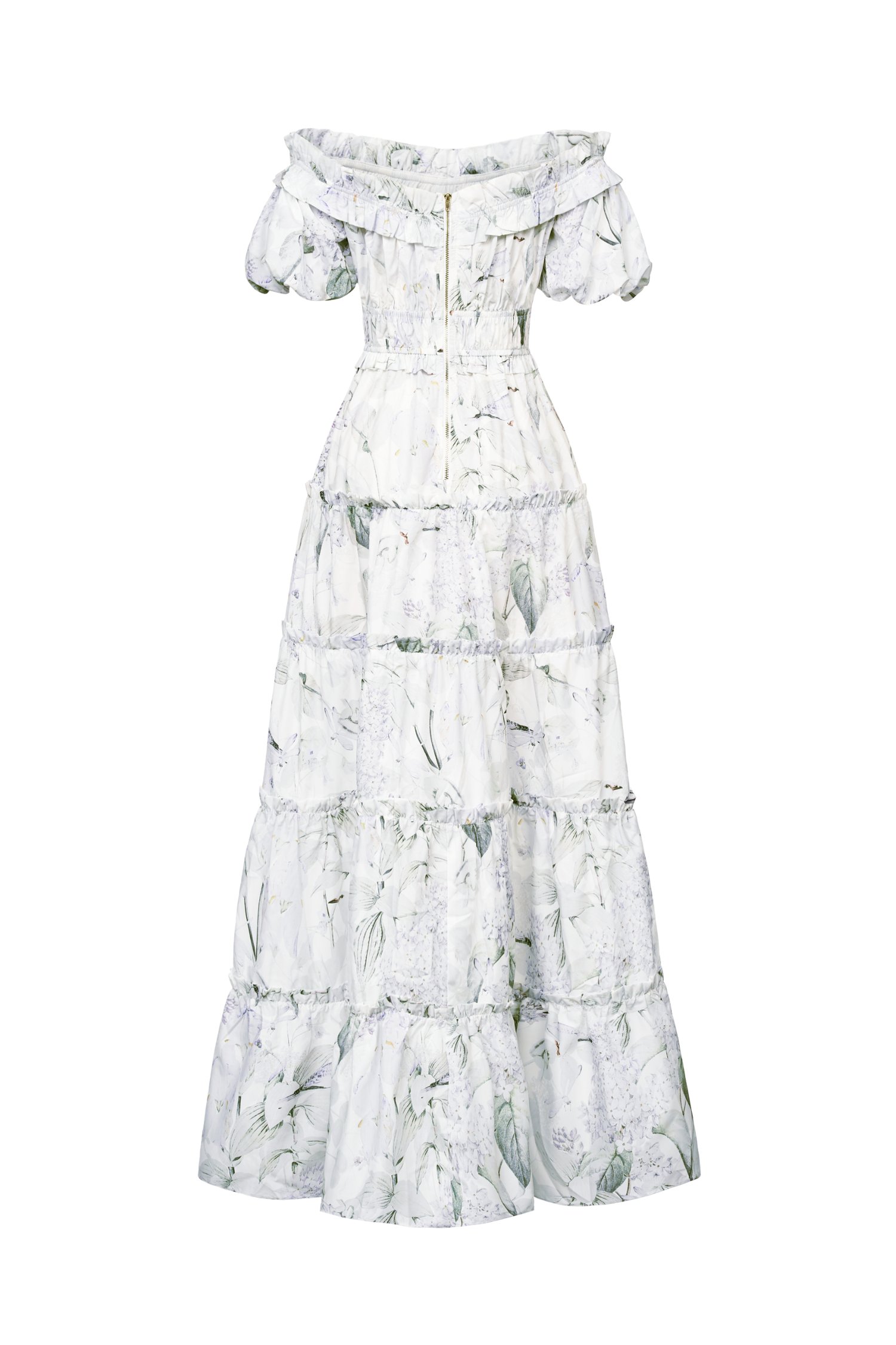 Violette Off Shoulder Maxi Dress in White Whispering Lilac Grove