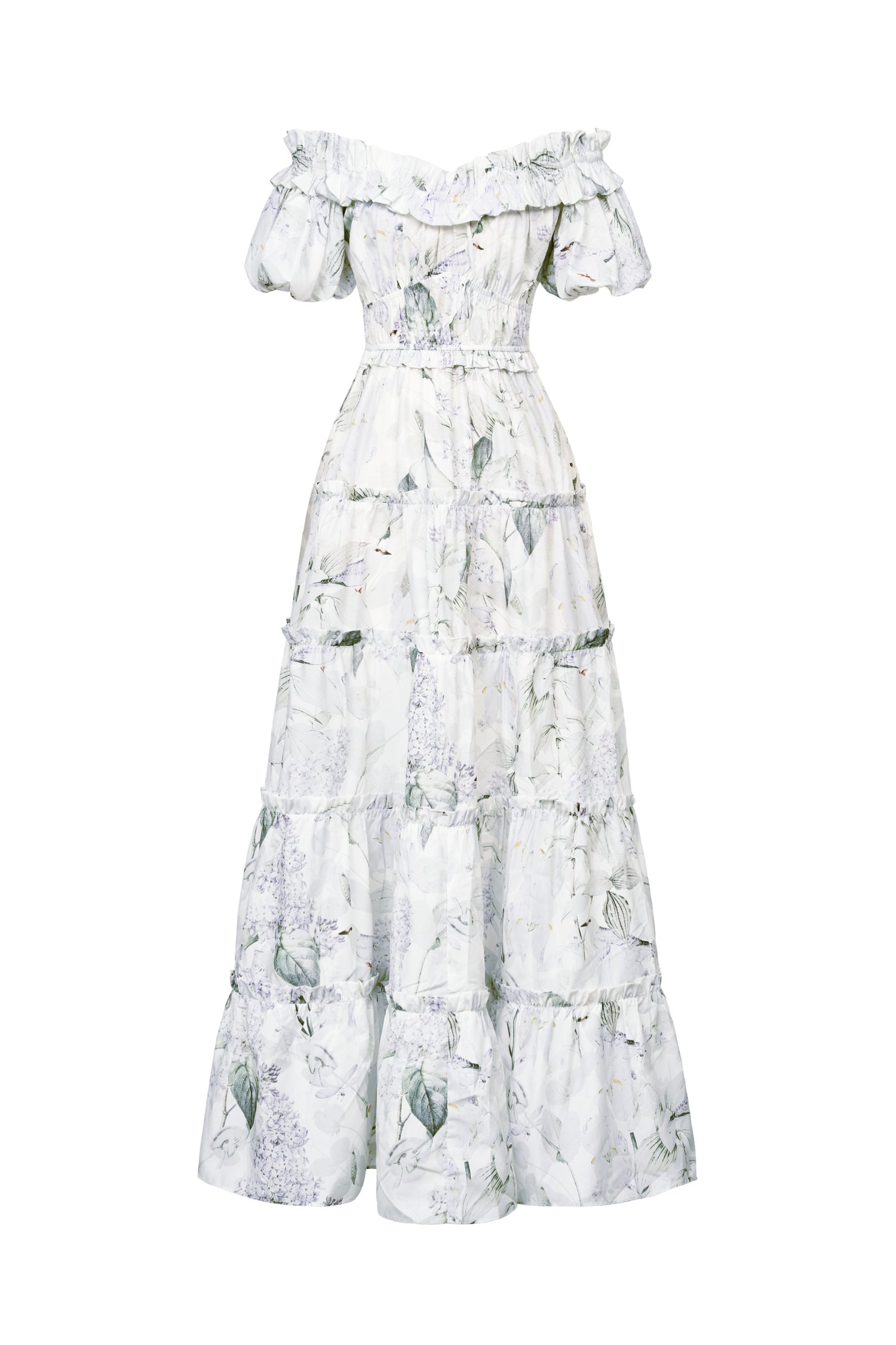 Violette Off Shoulder Maxi Dress in White Whispering Lilac Grove