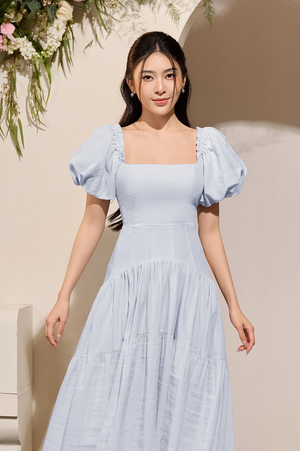 Wynne Padded Puff Sleeves Cropped Top in Ice Blue