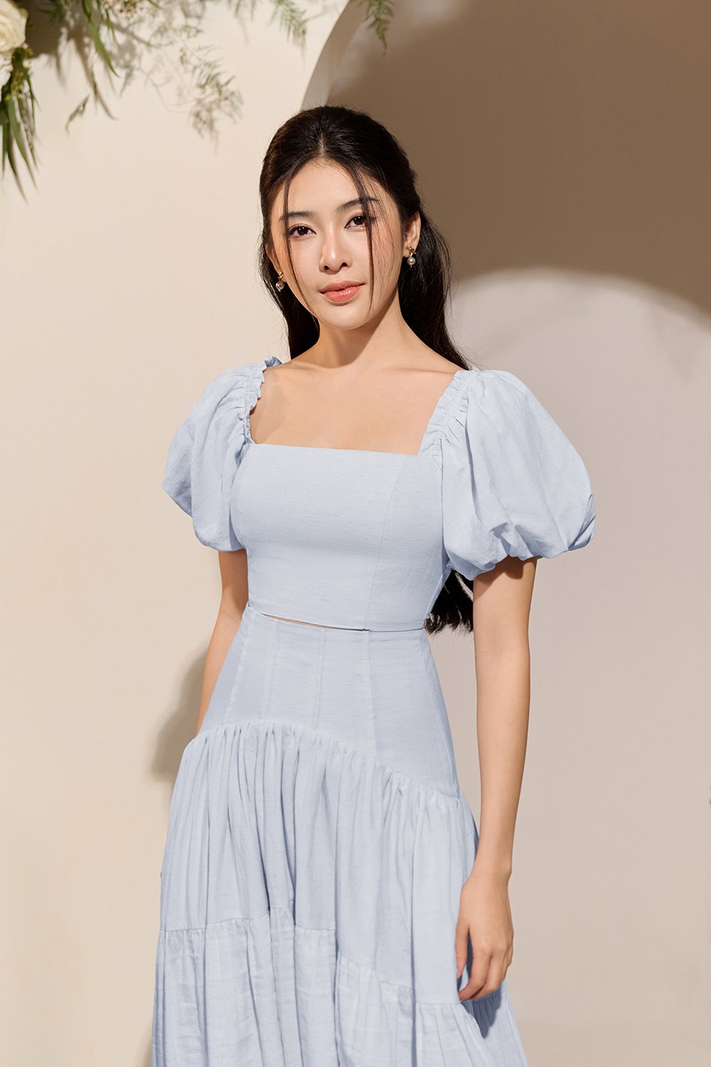 Wynne Padded Puff Sleeves Cropped Top in Ice Blue