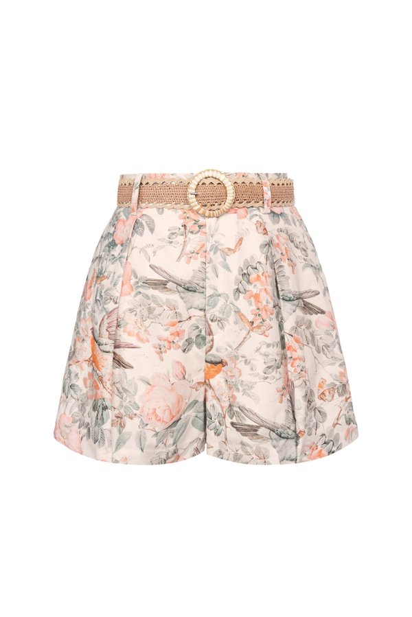 Ardelle High Waist Linen Shorts with Belt in Greige Songbird Symphony