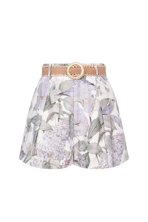 Ardelle High Waist Linen Shorts with Belt in White Whispering Lilac Grove