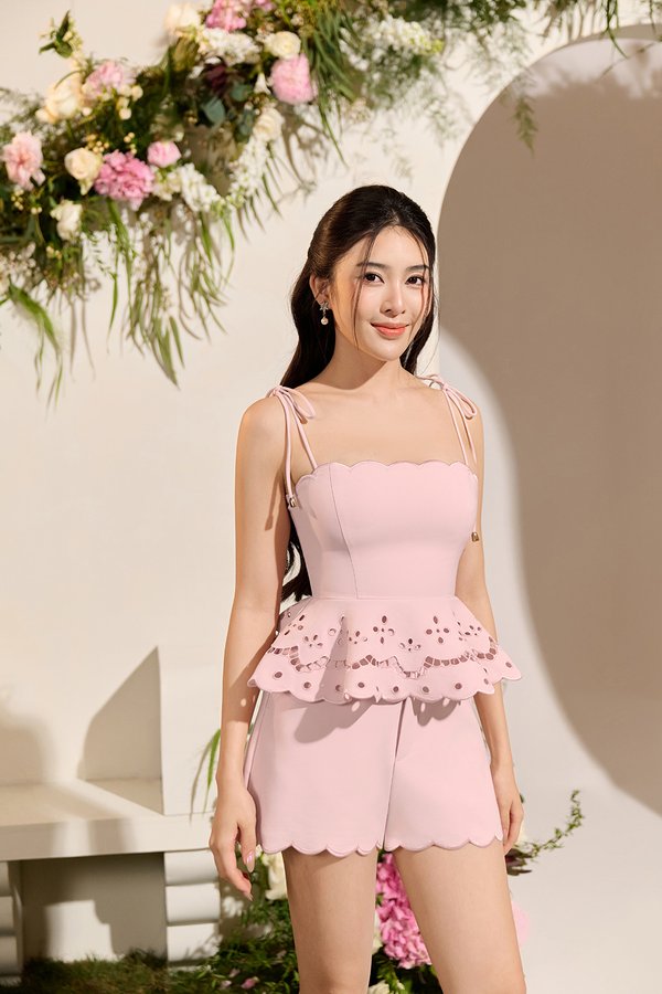 Cecily Ribbon Tie Embroidered Scallop Peplum Top in Soft Blush