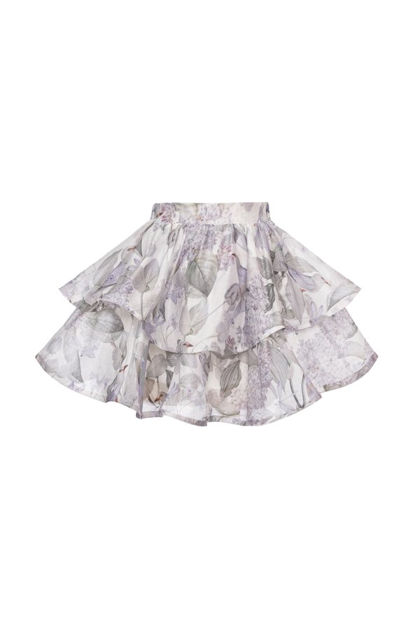 Corinne Tiered Mini Skirt in White Whispering Lilac Grove