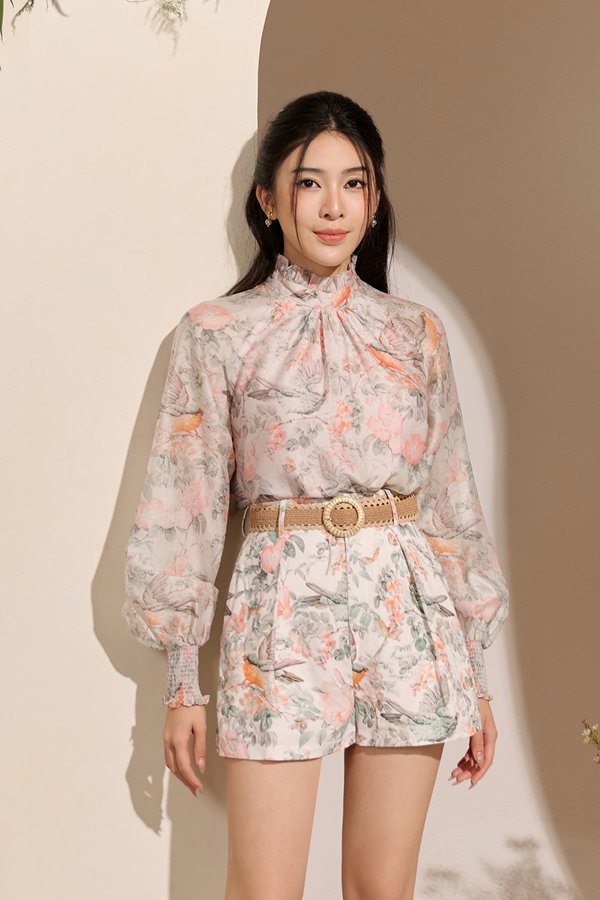 Evanthe Billowy Sleeves High Neck Top in Greige Songbird Symphony